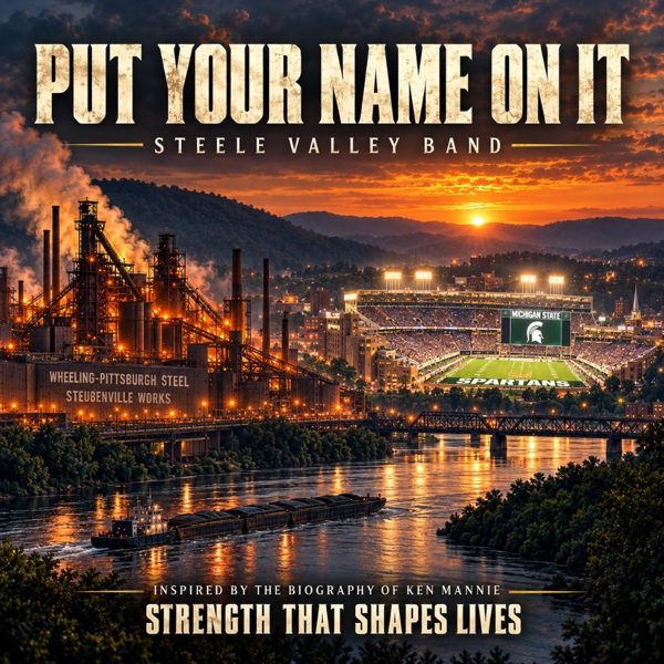 Put Your Name On It album cover: a steel mill and Spartan Stadium at sunset over the Ohio River