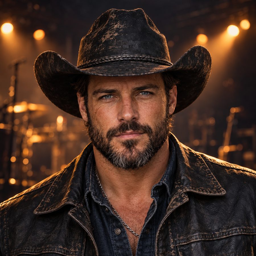 Cade Steele in a black cowboy hat and leather jacket